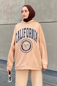 Lamelif California Baskı Detaylı Kapüşonlu Sweatshirt Sütlükahve