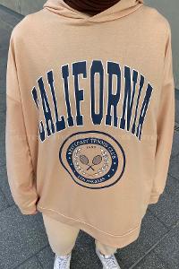 Lamelif California Baskı Detaylı Kapüşonlu Sweatshirt Sütlükahve