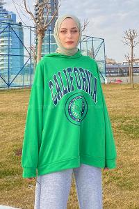 Lamelif California Baskı Detaylı Kapüşonlu Sweatshirt Yeşil