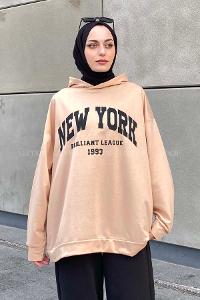 Lamelif Newyork Baskı Detaylı Kapüşonlu Sweatshirt Sütlükahve