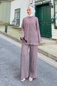 Lamelif İkili Gofre Tesettür Takım Gri Melanj