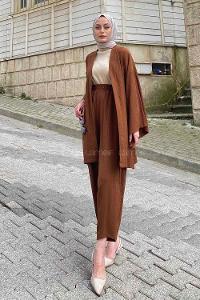 Lamelif Kimono İkili Tesettür Takım Acı Kahve