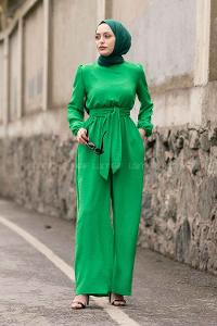 Green Loose Crew Neck Mock Turtle Neck Ayrobin Unprinted Overalls