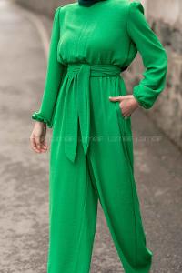Green Loose Crew Neck Mock Turtle Neck Ayrobin Unprinted Overalls