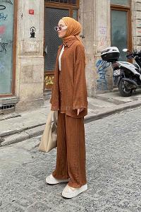 Lamelif İkili Gofre Tesettür Takım Acı Kahve