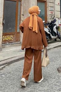 Lamelif İkili Gofre Tesettür Takım Acı Kahve