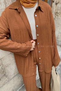 Lamelif İkili Gofre Tesettür Takım Acı Kahve