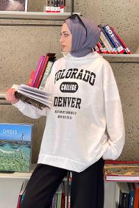 Lamelif Colorado Baskı Detaylı Kapüşonlu Sweatshirt Beyaz