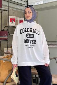 Lamelif Colorado Baskı Detaylı Kapüşonlu Sweatshirt Beyaz