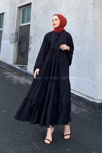 Lamelif Yaka Bağlamalı Katlı Elbise Siyah