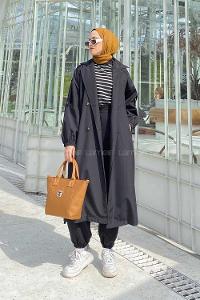 Black Long Arm Belted Buttoned Cotton Viscose Fabric Trench Coat