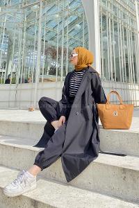 Black Long Arm Belted Buttoned Cotton Viscose Fabric Trench Coat