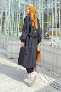 Black Long Arm Belted Buttoned Cotton Viscose Fabric Trench Coat