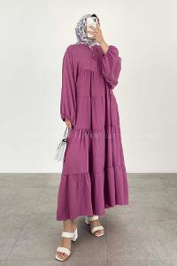 Lamelif Yaka Bağlamalı Katlı Elbise Açık Mor