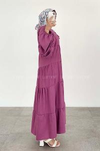 Lamelif Yaka Bağlamalı Katlı Elbise Açık Mor