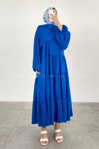 Lamelif Yaka Bağlamalı Katlı Elbise Saks Mavisi