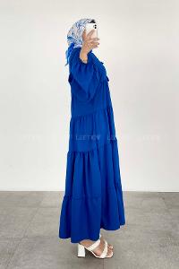 Lamelif Yaka Bağlamalı Katlı Elbise Saks Mavisi