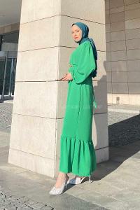 Green Medium Crew Neck Cotton Fabric Unprinted Dresess