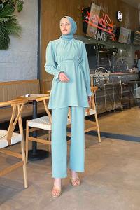 Mint Green Crew Neck Long Arm Belted Cotton Fabric Trousers Suit