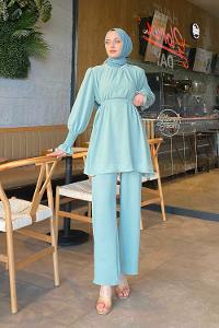 Mint Green Crew Neck Long Arm Belted Cotton Fabric Trousers Suit