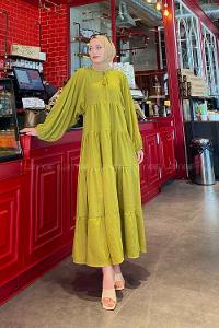 Lamelif Yaka Bağlamalı Katlı Elbise Fıstık Yeşili