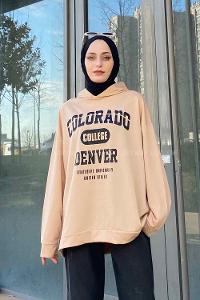Brown With Milk Hood Neck Long Arm Printed Sweatshirt