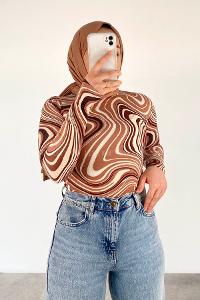 Lamelif Yarım Balıkçı Yaka Soyut Desen Body Kahve