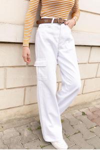 White Denim High Waist Cargo Pants