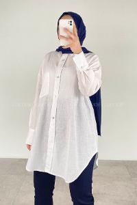 Lamelif Önü Düğmeli Keten Tunik Beyaz