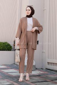 Modalamelif Bürümcük Detaylı Kimona Takım Koyu Vizonrengi