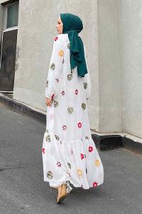 Modalamelif Hasır Kemerli Nakışlı Elbise Beyaz