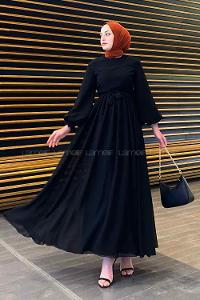 Lamelif Premium Beli Büzgü Kuşaklı Elbise Siyah