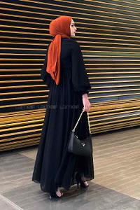 Lamelif Premium Beli Büzgü Kuşaklı Elbise Siyah