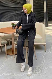 Lamelif İkili Gofre Tesettür Takım Siyah