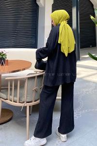 Lamelif İkili Gofre Tesettür Takım Siyah