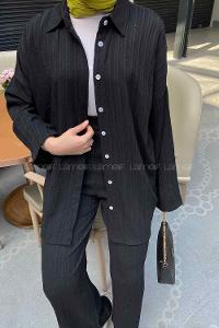 Lamelif İkili Gofre Tesettür Takım Siyah