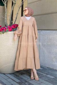 Modalamelif Kat Volanlı Balon Kol Elbise Camel