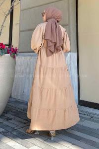 Modalamelif Kat Volanlı Balon Kol Elbise Camel