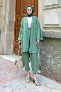 Lamelif Kimono İkili Tesettür Takım Çağla Yeşili