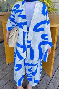 Modalamelif İkili Keten Desenli Takım Mavi