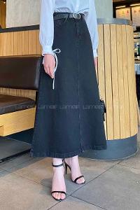 Black Denim Unprinted Straight Skirt Skirt