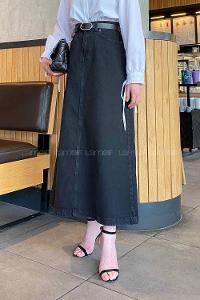 Black Denim Unprinted Straight Skirt Skirt