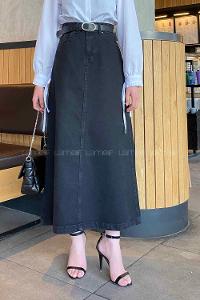 Black Denim Unprinted Straight Skirt Skirt