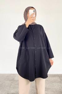 Modalamelif Önü Düğmeli Yan Cepli Gömlek Siyah