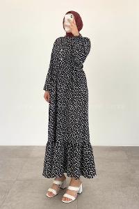 Modalamelif Bel Büzgülü Kalp Desen Elbise Siyah