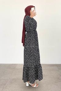 Modalamelif Bel Büzgülü Kalp Desen Elbise Siyah