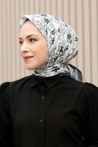 Lamelif Mini Çiçek Desen Soft Eşarp Serisi Beyaz-Siyah