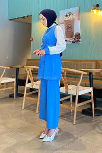 Gömlek Yaka Detaylı Garnili  Takım İndigo