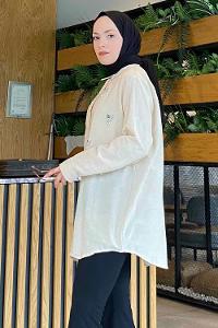 Modalamelif Taş İşlemeli Keten Gömlek Bej