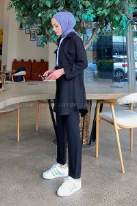 Black Shirt Collar Long Arm Without Accessories Viscose Fabric Regular Trousers Comfortable Suit